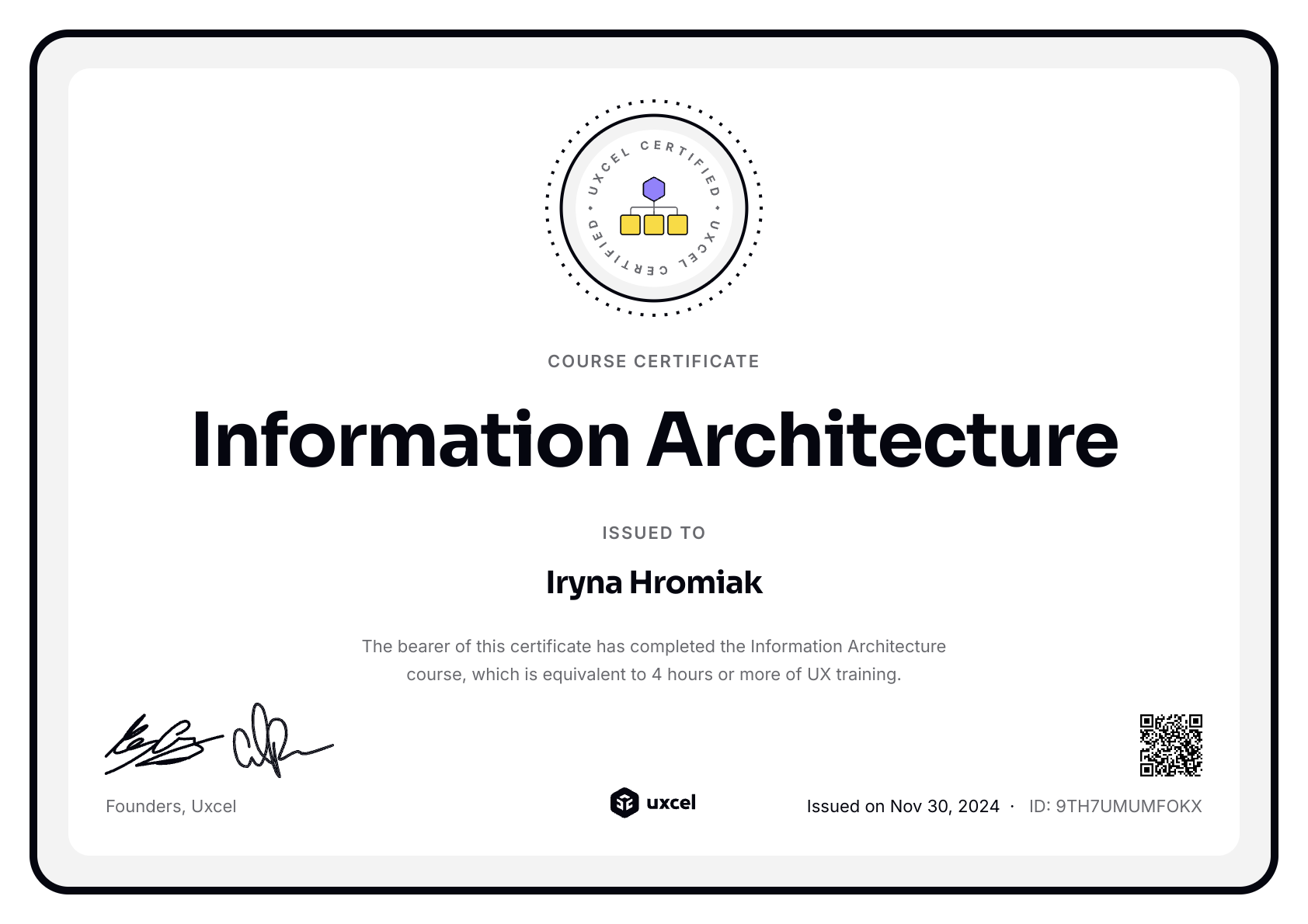 Iryna Hromiak's certificate